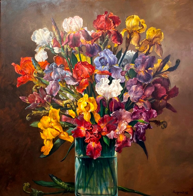 JOSEPH SHEPPARD (American, born 1930). Voluminous Bouquet of Iris Flowers, 1993, Oil on board. (1 of 13)
