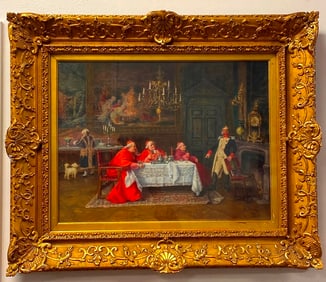 HENRI BRISPOT (French, 1846-1928). Cardinals Dining with an Archduke, Oil on canvas. Signed. lower