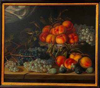 FOLLOWER OF PIERRE DUPOIS (French, 1610 - 1682). Still Life with Peaches and Grapes in a Bowl on a