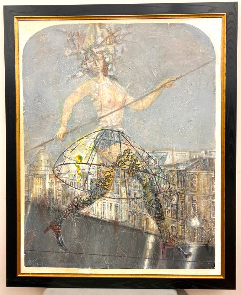 LUCIEN DULFAN (Russian / American, born 1942). Photo 113, Oil on canvas featuring a dynamic, surreal: LUCIEN DULFAN (Russian / American, born 1942). Photo 113, Oil on canvas featuring a dynamic, surreal image of a woman balancing on a narrow surface, possibly a rooftop or beam, high above a densely pa