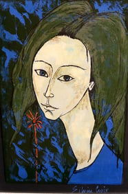 SILVERE CROIX (French, 20th century). Woman with Long, dark hair and a small red flower, Acrylic on