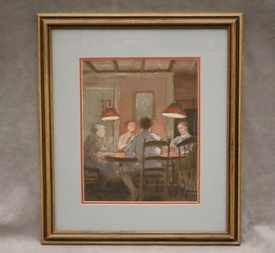 AMERICAN SCHOOL (20th century). Poker Game, Mixed media on paper (pastel / oil). Unsigned. Framed.