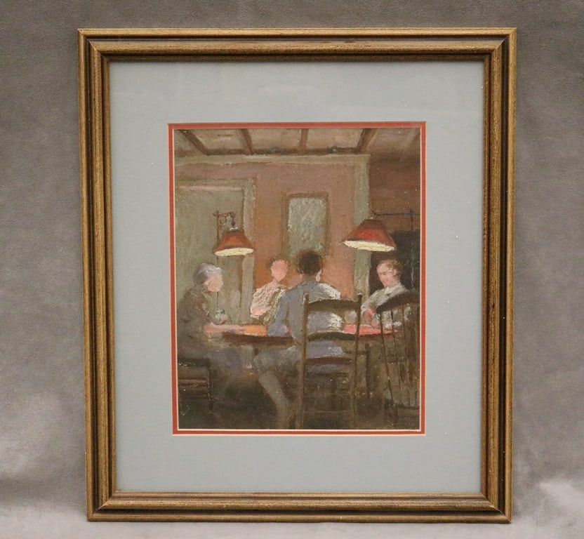 AMERICAN SCHOOL (20th century). Poker Game, Mixed media on paper (pastel / oil). Unsigned. Framed. (1 of 13)
