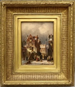 CHARLES HENRI JOSEPH LEICKERT (Dutch, 1816 - 1907). Vegetable sellers in a Dutch town in winter, Oil