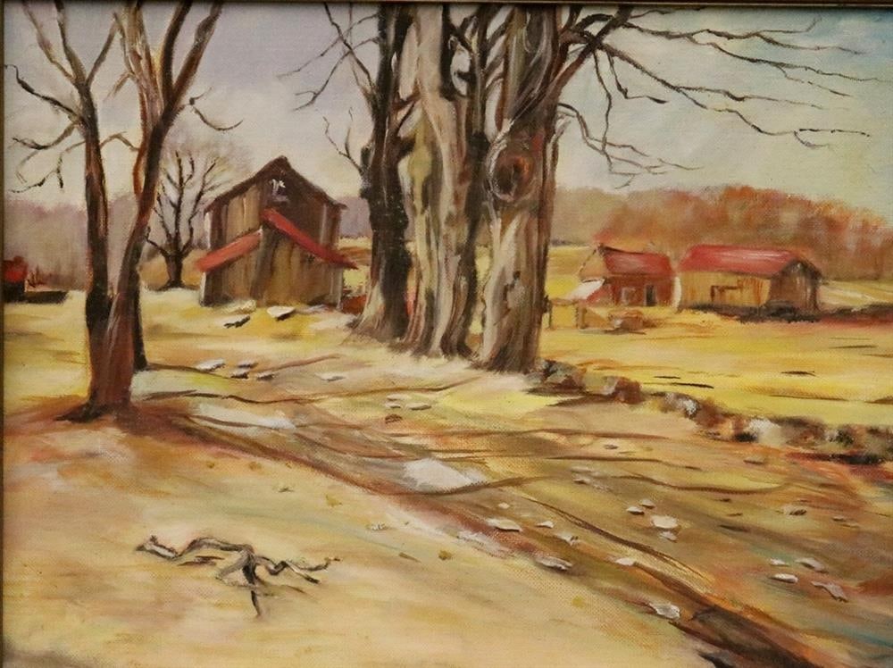 AMERICAN SCHOOL (20th century). Country Road, 1983, Oil on canvas. Verso titled and illegibly: AMERICAN SCHOOL (20th century). Country Road, 1983, Oil on canvas. Verso titled and illegibly signed. Framed. - 12 x 16 inches; frame: 17.5 x 20.5 inches
