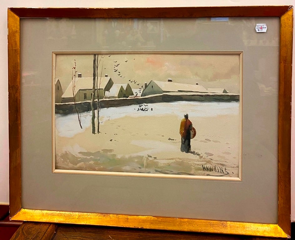 AMERICAN SCHOOL (Early 20th century). Winter Landscape, Watercolor on paper. Signed "HAWKINS" lower (1 of 16)