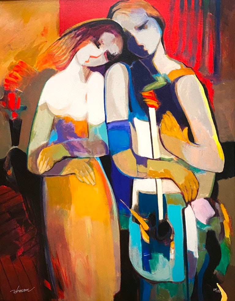 HESSAM ABRISHAMI (Iranian, b. 1951; act. US/Iran/Italy). "Two Women", Limited edition glicee: HESSAM ABRISHAMI (Iranian, b. 1951; act. US/Iran/Italy). "Two Women", Limited edition glicee numbered 28 of an edition of 195. Signed lower left. Depict two women standing, one resting her head on the