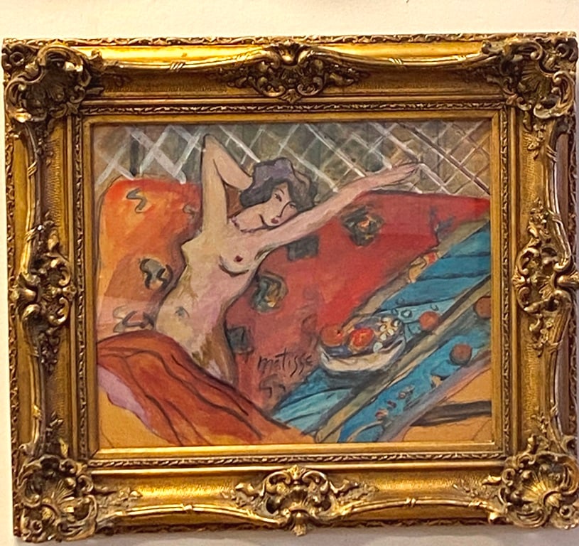 IMITATOR OF HENRI MATISSE (20th century). Nude on a Red Sofa, Mixed media (pencil, watercolor,: IMITATOR OF HENRI MATISSE (20th century). Nude on a Red Sofa, Mixed media (pencil, watercolor, gouache) on board. Signed "MATISSE 55" at base. Framed. Not examined out of frame. - Sight: 14.5 x 17.5 i