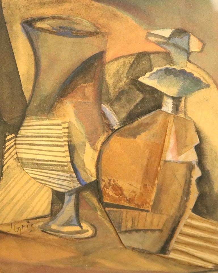 FOLLOWER OF JUAN GRIS (Spanish, 20th century). Still life with a Bottle and Glass, Watercolor on: FOLLOWER OF JUAN GRIS (Spanish, 20th century). Still life with a Bottle and Glass, Watercolor on paper. Signed "J Gris" lower left hand corner. Framed. Not examined out of frame. - Sight: 10.25 x 8.5