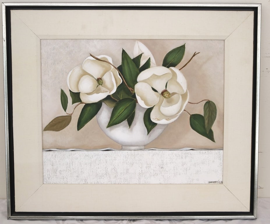 ANAMARIO HERNANDEZ (Mexican / American, 20th century). Ephemeral Blossom: Magnolias, 1995, Oil on: ANAMARIO HERNANDEZ (Mexican / American, 20th century). Ephemeral Blossom: Magnolias, 1995, Oil on linen. Signed and dated lower right hand corner. Framed. - 16 x 20 inches; Frame: 23 x 27 inches
