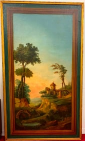 FOLLOWER OF HUBERT ROBERT (French, 18th century). Landscape with a River and Farmstead and a Rocky