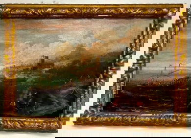 ITALIAN SCHOOL (18th century). A Sea Port with Fishermen, Oil on canvas. Unsigned. Framed.