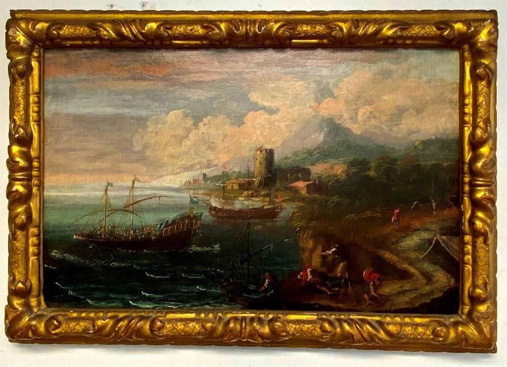 ITALIAN SCHOOL (18th century). A Sea Port with Fishermen, Oil on canvas. Unsigned. Framed. (1 of 10)