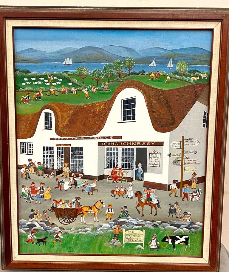 CAROL DYER (American, b. 1933). IRISH WEDDING FESTIVAL, Oil on canvas. Folk art exterior scene. (1 of 20)