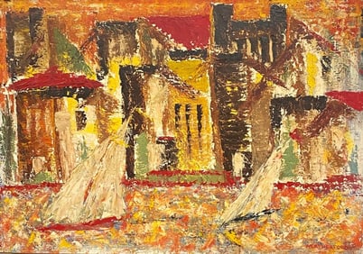 AMERICAN SCHOOL (Mid-to-late 20th century). Dynamic and Abstracted Coastal View. Oil on canvas.