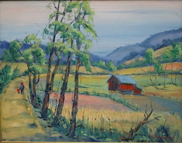 RICHARD SCHULTZ (American, 1915 - 2007). Country Stroll, Oil on board. Signed. Framed.