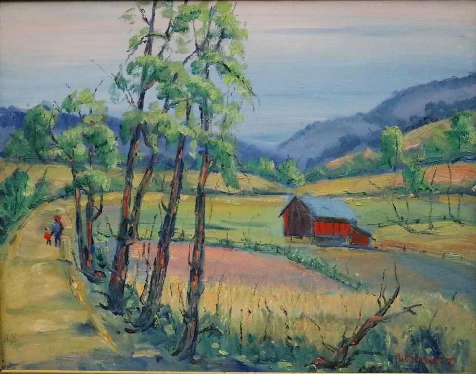 RICHARD SCHULTZ (American, 1915 - 2007). Country Stroll, Oil on board. Signed. Framed.: RICHARD SCHULTZ (American, 1915 - 2007). Country Stroll, Oil on board. Signed. Framed. - 14 x 17 inches; frame: 18 x 22 inches.