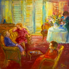 AYFER YILDIZ (b. 1953; act. Turkey). Four Females in Domestic Interior, Signed lower right. Oil on