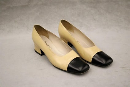 PAIR LADY'S CHANEL CLASSIC BLACK AND BEIGE PUMPS, SIZE 40,