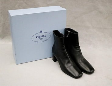 PAIR LADY'S PRADA BLACK LEATHER ANKLEBOOTS WITH BLOCK HEELS, SIZE 9 1/2B,