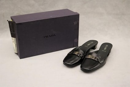 PAIR LADY'S PRADA BLACK LEATHER MULES, SIZE 39,
