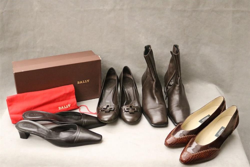 FOUR PAIRS LADY'S BALLY LEATHER SHOES INCLUDING TWO PAIRS PUMPS, ONE PAIR BOOTS, ONE PAIR SLIDES OR (1 of 19)