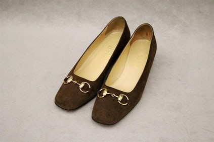 PAIR LADY'S BROWN SUEDE GUCCI LOAFERS WITH GOLD-TONE HORSEBIT, SIZE 9B,