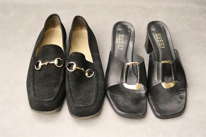 TWO PAIRS LADY'S GUCCI SHOES, BOTH BLACK: LOAFERS AND MULES OR SLIDES.