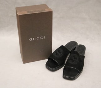 PAIR GUCCI BLACK SUEDE SLIDES OR MULES WITH DOUBLE-G STITCHED LOGO, SIZE 9.