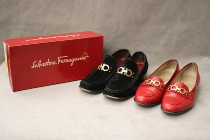 TWO PAIRS SALVATORE FERRAGAMO LOAFERS, SIZE 9B,
