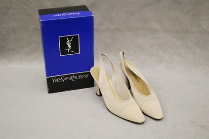 PAIR LADY'S YVES SAINT LAURENT "LYDIA" BEIGE OPENWORK MESH SLING BACK PUMPS, SIZE 9 1/2 M,