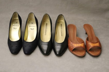 THREE PAIRS LADY'S DESIGNER SHOES: BOTTEGA VENETA SLIDES OR MULES, AND TWO PAIRS OF PUMPS: BRUNO
