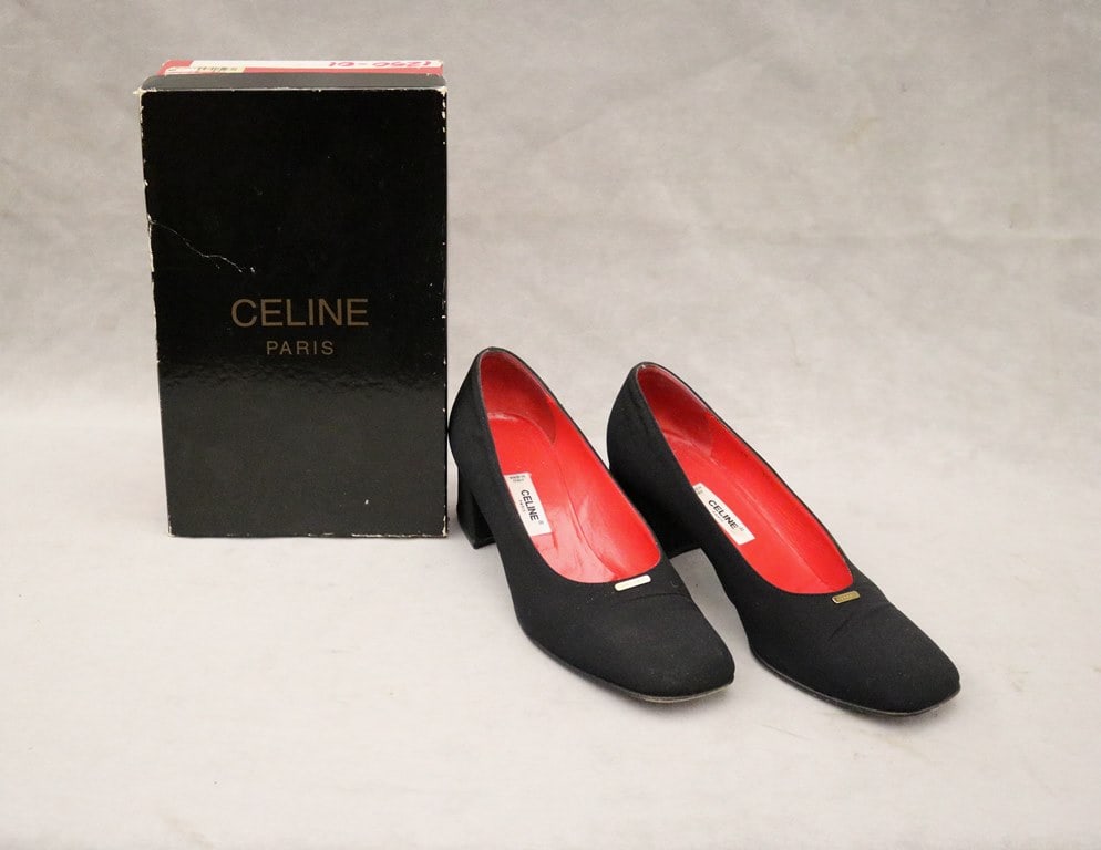 PAIR CELINE PARIS BLACK FABRIC PUMPS WITH GOLD PLAQUE DECORATION, SIZE 39 1/2,: PAIR CELINE PARIS BLACK FABRIC PUMPS WITH GOLD PLAQUE DECORATION, SIZE 39 1/2. With original box. Moderately worn.