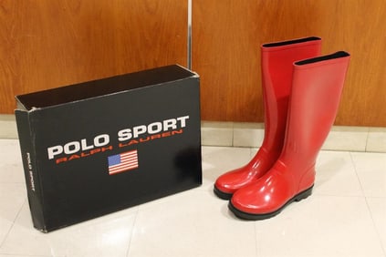 POLO SPORT RALPH LAUREN RED RAIN BOOTS IN ORIGINAL BOX. Size 9B.