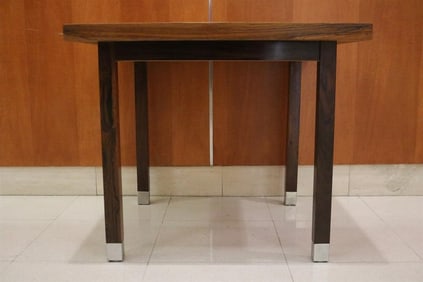 MODERN DANISH ROSEWOOD SIDE TABLE WITH METAL END CAPS ON SQUARE LEGS. - H: 20 in.; W: 23 in.; D: 23