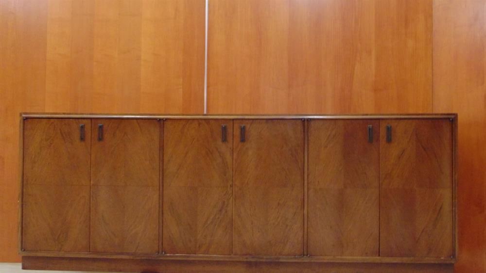 1960S MID-CENTURY MODERN WALNUT SIX-DOOR SIDEBOARD CREDENZA. - H: 29 in. W: 77 3/4 in. D: 10 1/4 in. (1 of 13)