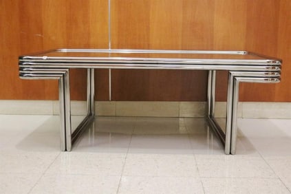 MODERN ITALIAN 1940S STYLE CHROMED TUBULAR COFFEE TABLE WITH RECTANGULAR MIRROR TOP.