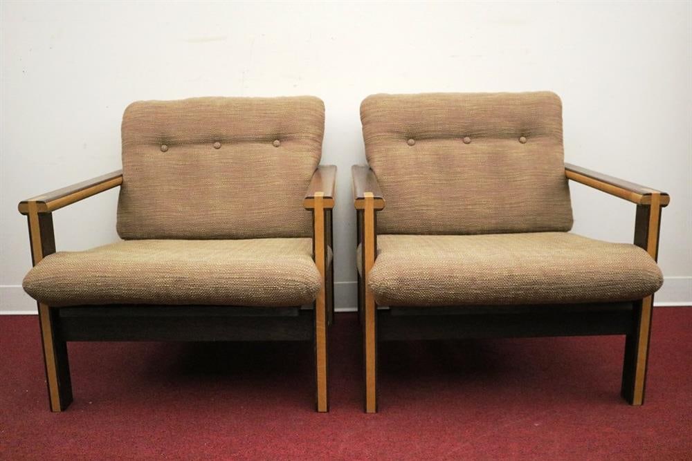 PAIR MID CENTURY MODERN INLAID MIXED WOOD OPEN-ARMCHAIRS WITH MATCHING RECTANGULAR-TOP COFFEE TABLE. (1 of 17)