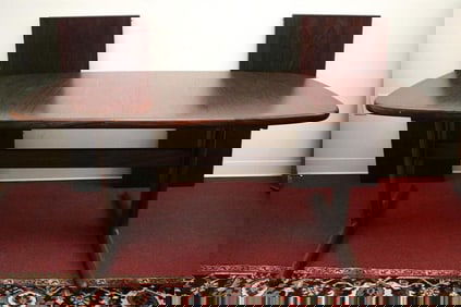 MID-CENTURY MODERN SKOVBY DANISH ROSEWOOD DINING TABLE WITH BANDED, TAPERING OBLONG TOP, - H: 28 1/4