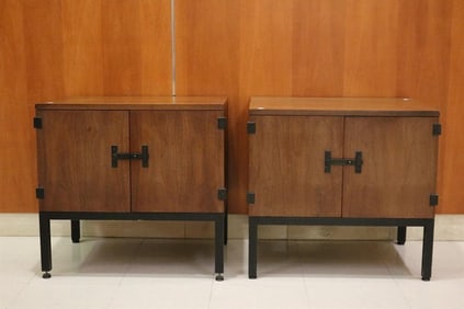 PAIR MID-CENTURY MODERN WALNUT BEDSIDE STANDS BY MILO BAUGHMAN FOR DIRECTIONAL. Each with pair