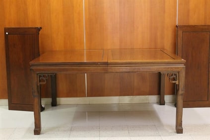 CHINESE CARVED MAHOGANY RECTANGULAR-TOP DINING TABLE WITH ONE LEAF, - H: 29 1/2". L: 78". W: 41