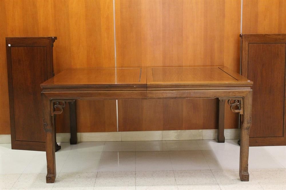 CHINESE CARVED MAHOGANY RECTANGULAR-TOP DINING TABLE WITH ONE LEAF, - H: 29 1/2". L: 78". W: 41 (1 of 7)