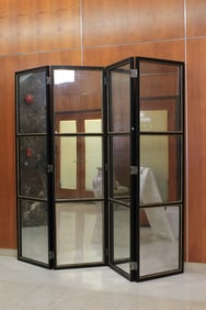 FOUR-FOLD FLOOR SCREEN WITH MIRROR PANELING. - H: 90 1/2 in. W: 97 in.
