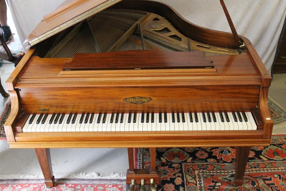 CHICKERING LIGHT MAHOGANY BABY GRAND PIANO WITH NEEDLEPOINT COVERED SEAT. (1 of 12)