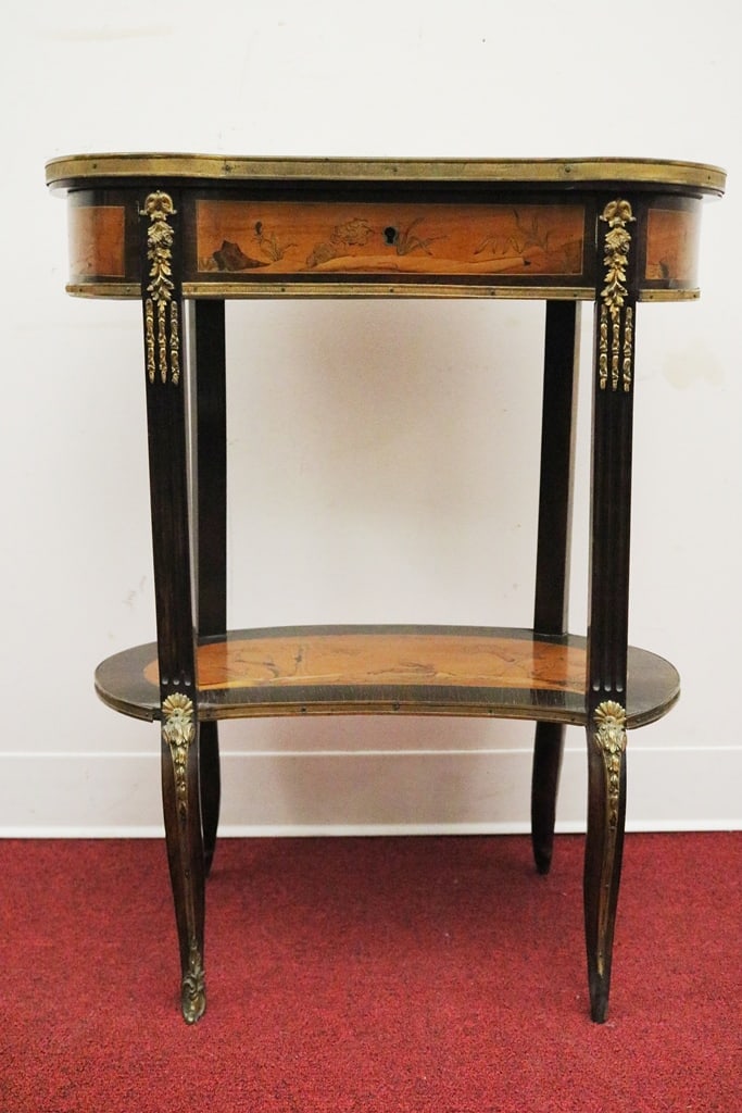 ROSEWOOD KIDNEY SHAPE TWO-TIER SIDE TABLE WITH MARQUETRY-INLAID LANDSCAPE SCENE DEPICTING HUNTER (1 of 6)