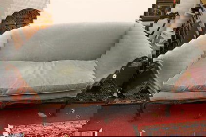 LOUIS XV CARVED OAK, SIX-LEG UPHOLSTERED CANAPE, - L: 72".