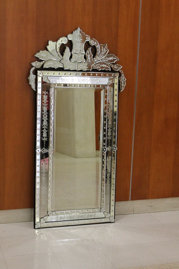 VENETIAN ETCHED GLASS WALL MIRROR. - H: 55 in. W: 28 1/4 in. (1 of 11)
