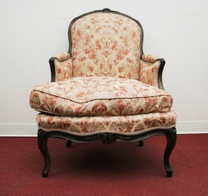 LOUIS XV CARVED BEECHWOOD UPHOLSTERED BERGERE BY SIMON-NICOLAS COURTOIS. Stamped "S. Courtois"