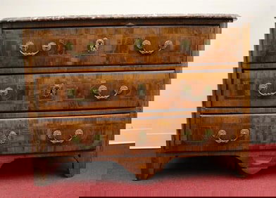 FRENCH REGENCE PROVINCIAL OLIVEWOOD AND PARQUETRY THREE-DRAWER BOWFRONT COMMODE WITH LIVER MARBLE