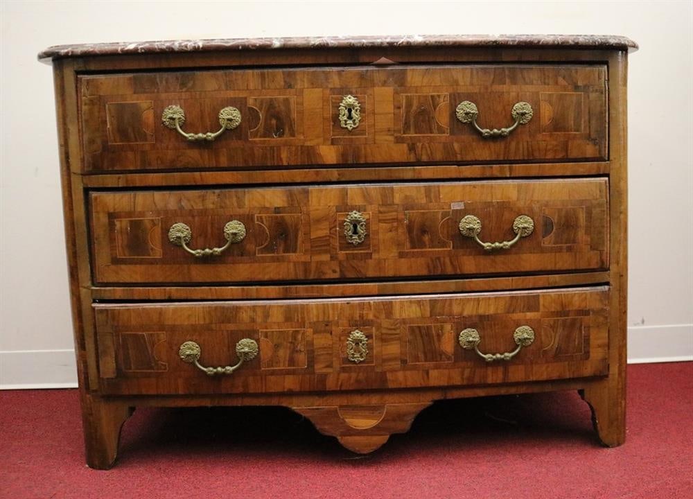 FRENCH REGENCE PROVINCIAL OLIVEWOOD AND PARQUETRY THREE-DRAWER BOWFRONT COMMODE WITH LIVER MARBLE (1 of 12)